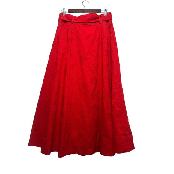 Anthropologie Sandra Belted Long Maxi Skirt Womens 8 Red 3D Floral A-line Flare - Picture 6 of 16